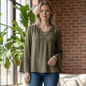 White House Black Market Sage Blouse with Lace-Up Detail